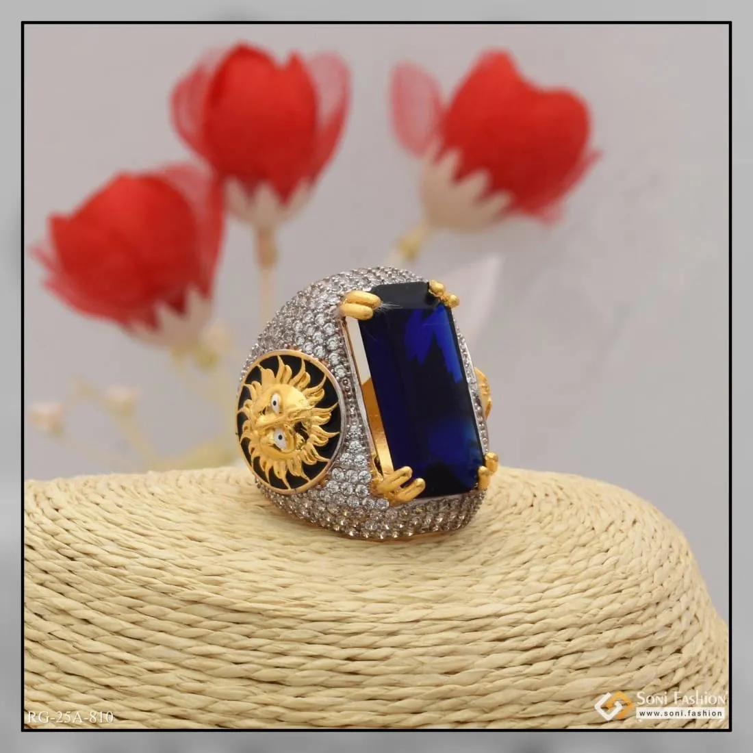 1 Gram Gold Forming Blue Stone with Diamond Fashionable Design Ring - Style A810