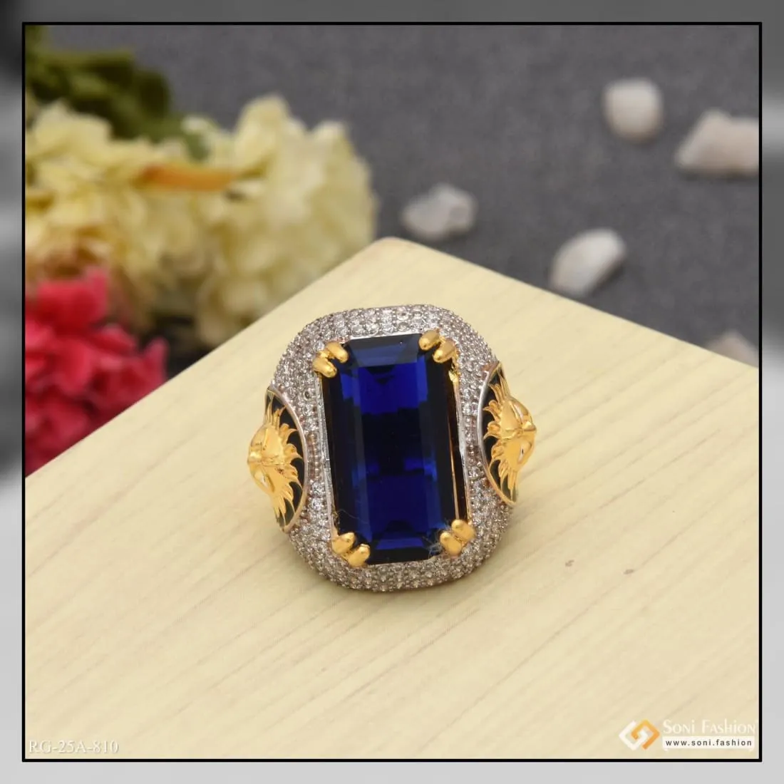 1 Gram Gold Forming Blue Stone with Diamond Fashionable Design Ring - Style A810