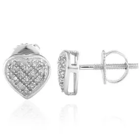 10K White Solid Gold Womens Small Heart Earrings With White Diamonds 0.10 Ctw