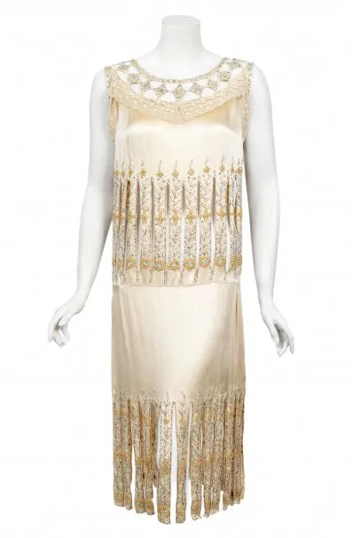 1920s Beaded Rhinestone Cream Silk Birdcage Cut-Out Fringe Flapper Dress