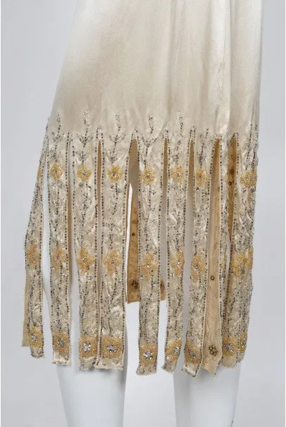 1920s Beaded Rhinestone Cream Silk Birdcage Cut-Out Fringe Flapper Dress