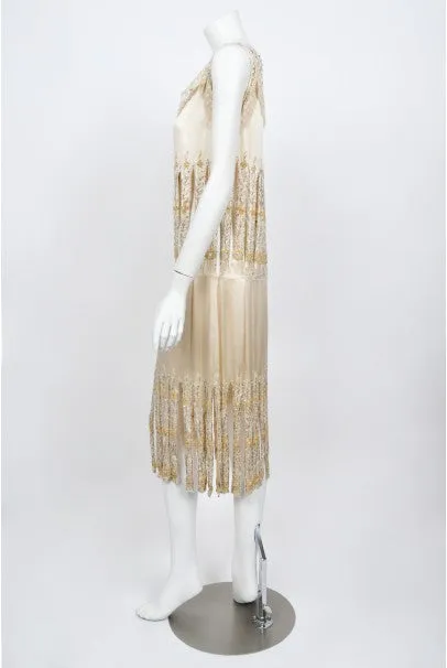 1920s Beaded Rhinestone Cream Silk Birdcage Cut-Out Fringe Flapper Dress