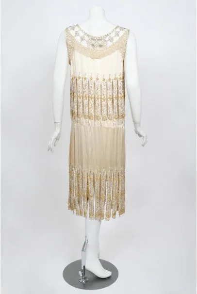 1920s Beaded Rhinestone Cream Silk Birdcage Cut-Out Fringe Flapper Dress