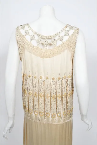 1920s Beaded Rhinestone Cream Silk Birdcage Cut-Out Fringe Flapper Dress