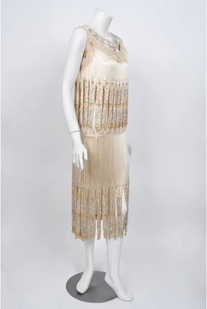 1920s Beaded Rhinestone Cream Silk Birdcage Cut-Out Fringe Flapper Dress