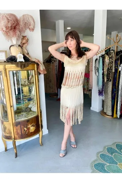 1920s Beaded Rhinestone Cream Silk Birdcage Cut-Out Fringe Flapper Dress