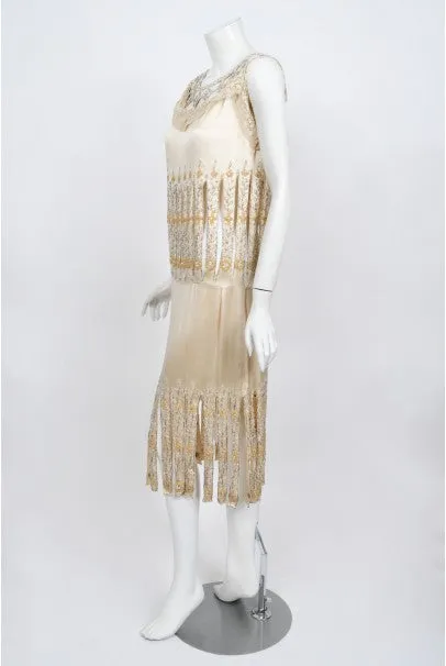 1920s Beaded Rhinestone Cream Silk Birdcage Cut-Out Fringe Flapper Dress