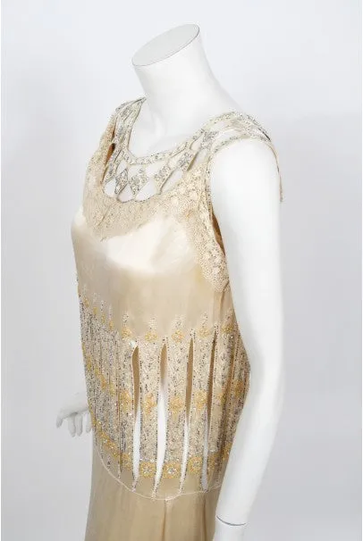 1920s Beaded Rhinestone Cream Silk Birdcage Cut-Out Fringe Flapper Dress