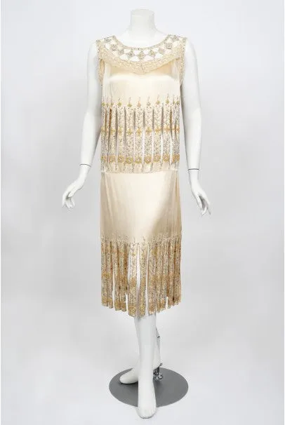 1920s Beaded Rhinestone Cream Silk Birdcage Cut-Out Fringe Flapper Dress