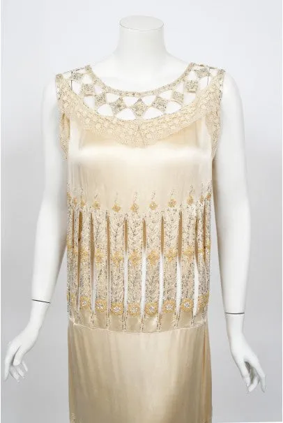 1920s Beaded Rhinestone Cream Silk Birdcage Cut-Out Fringe Flapper Dress