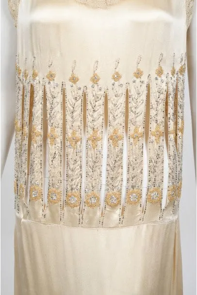 1920s Beaded Rhinestone Cream Silk Birdcage Cut-Out Fringe Flapper Dress