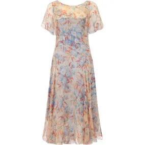 1920s Peach and Blue Silk Chiffon Floral Dress