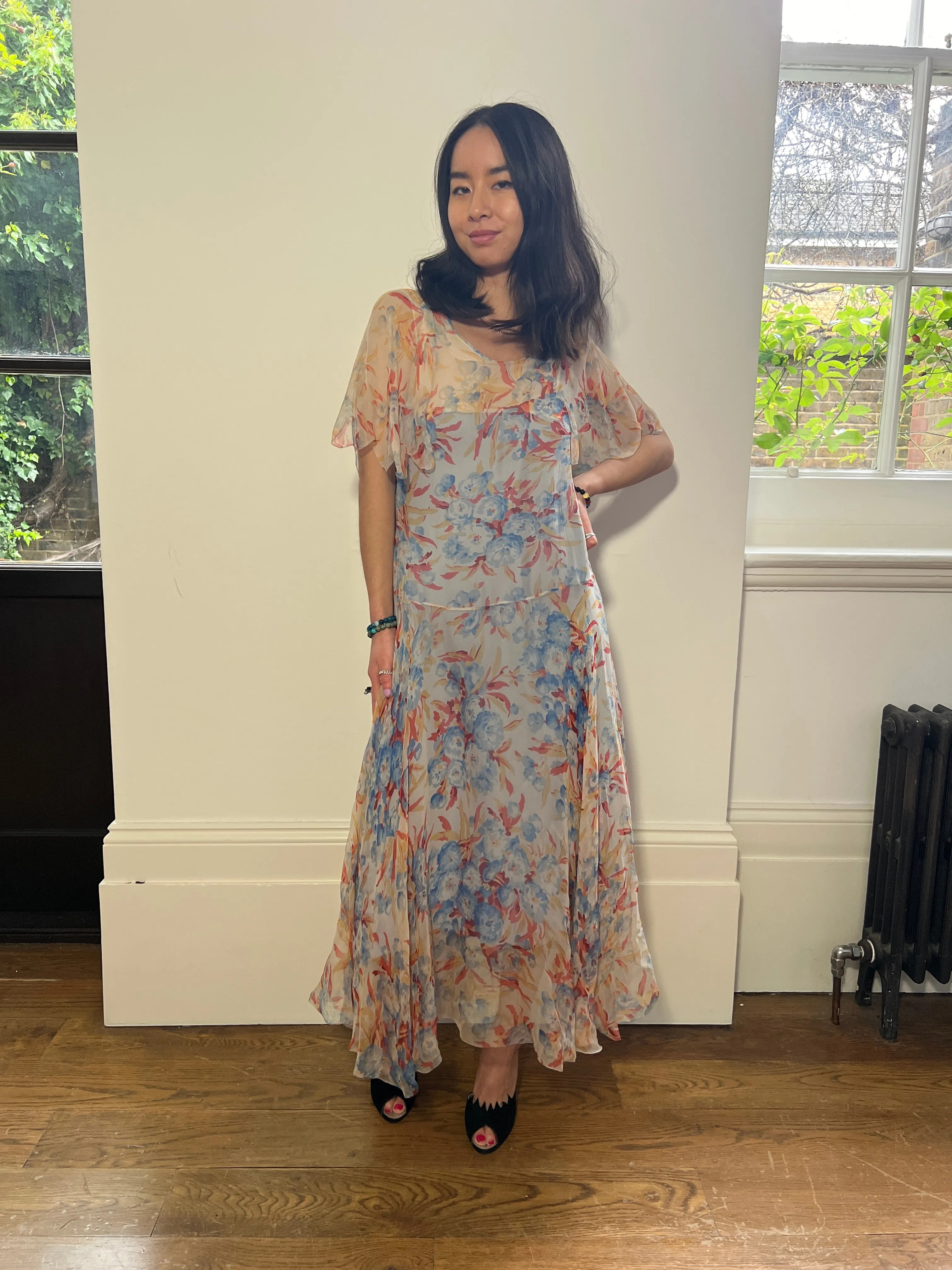 1920s Peach and Blue Silk Chiffon Floral Dress