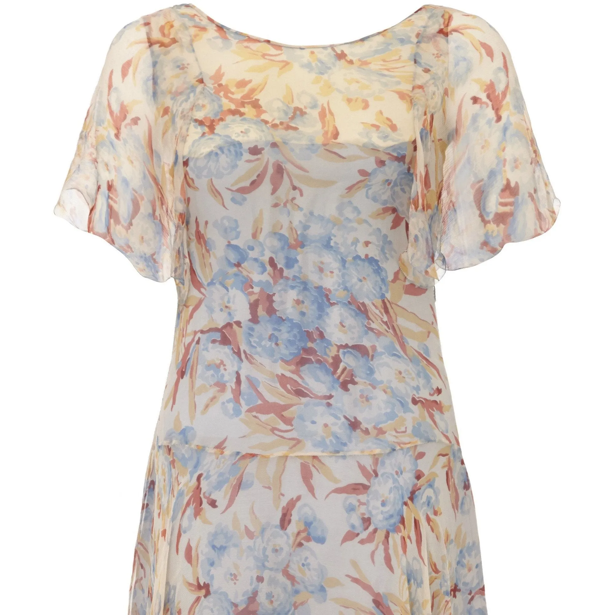 1920s Peach and Blue Silk Chiffon Floral Dress