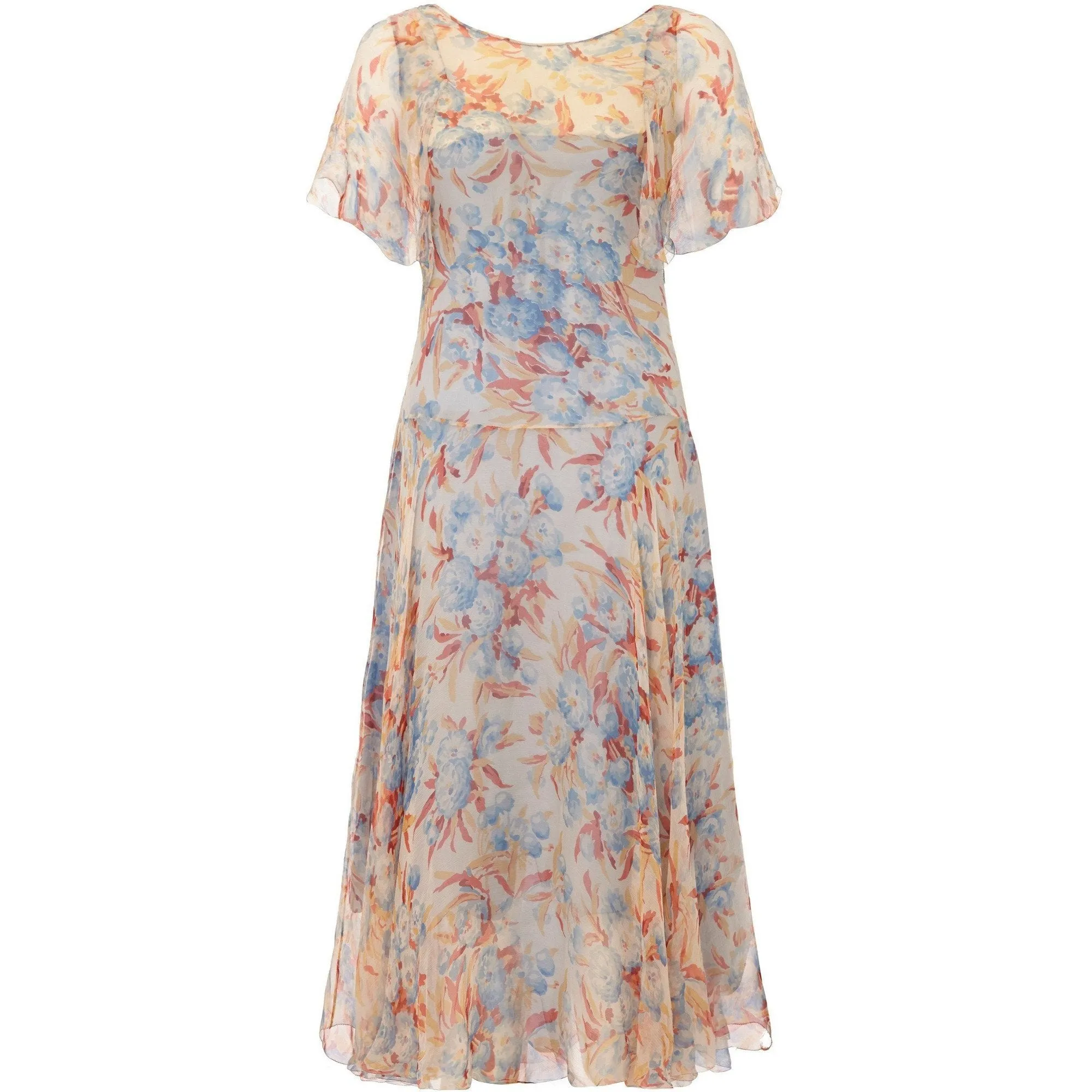 1920s Peach and Blue Silk Chiffon Floral Dress