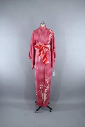 1950s Vintage Silk Kimono Robe with Mauve Pink Ombre Floral Pattern