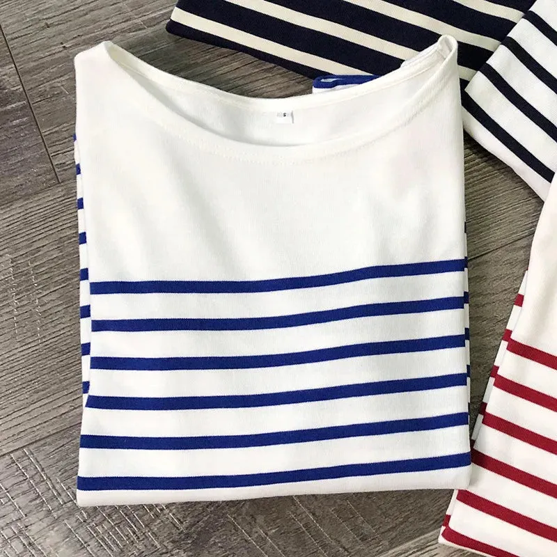 2024 Long Sleeve Striped Combed Cotton T-Shirt for Women