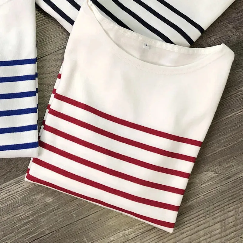 2024 Long Sleeve Striped Combed Cotton T-Shirt for Women