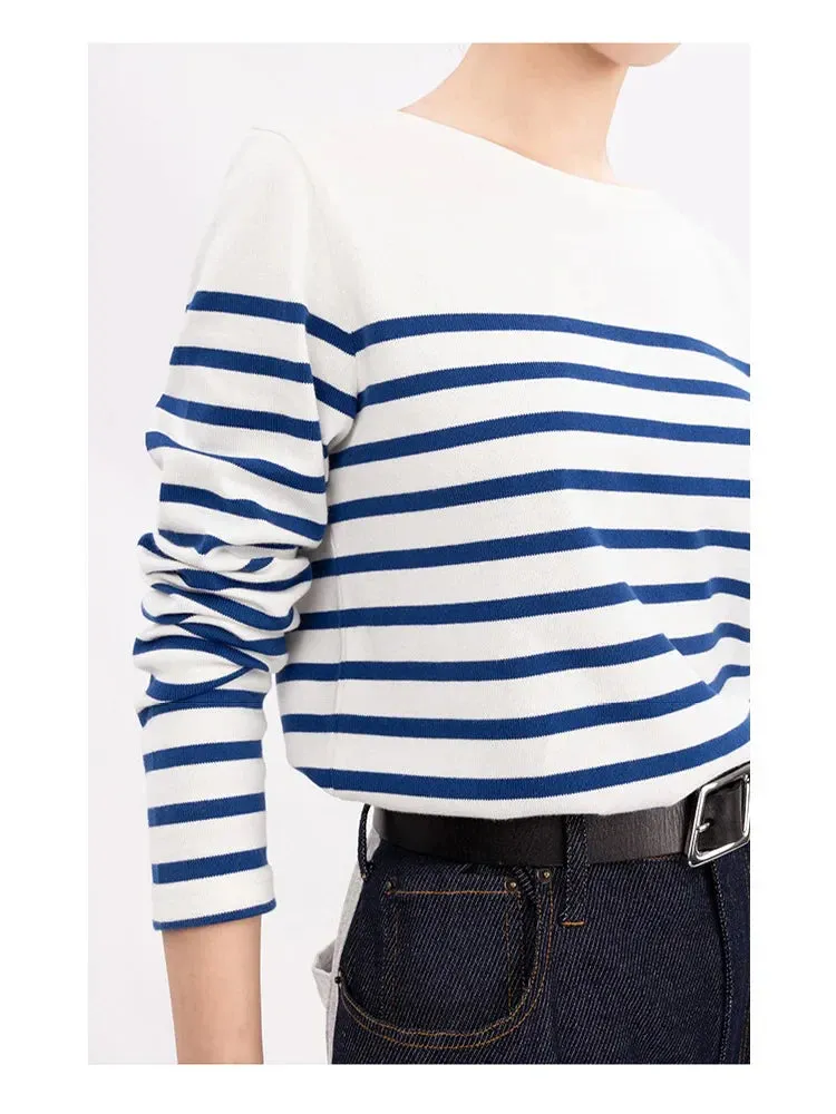 2024 Long Sleeve Striped Combed Cotton T-Shirt for Women