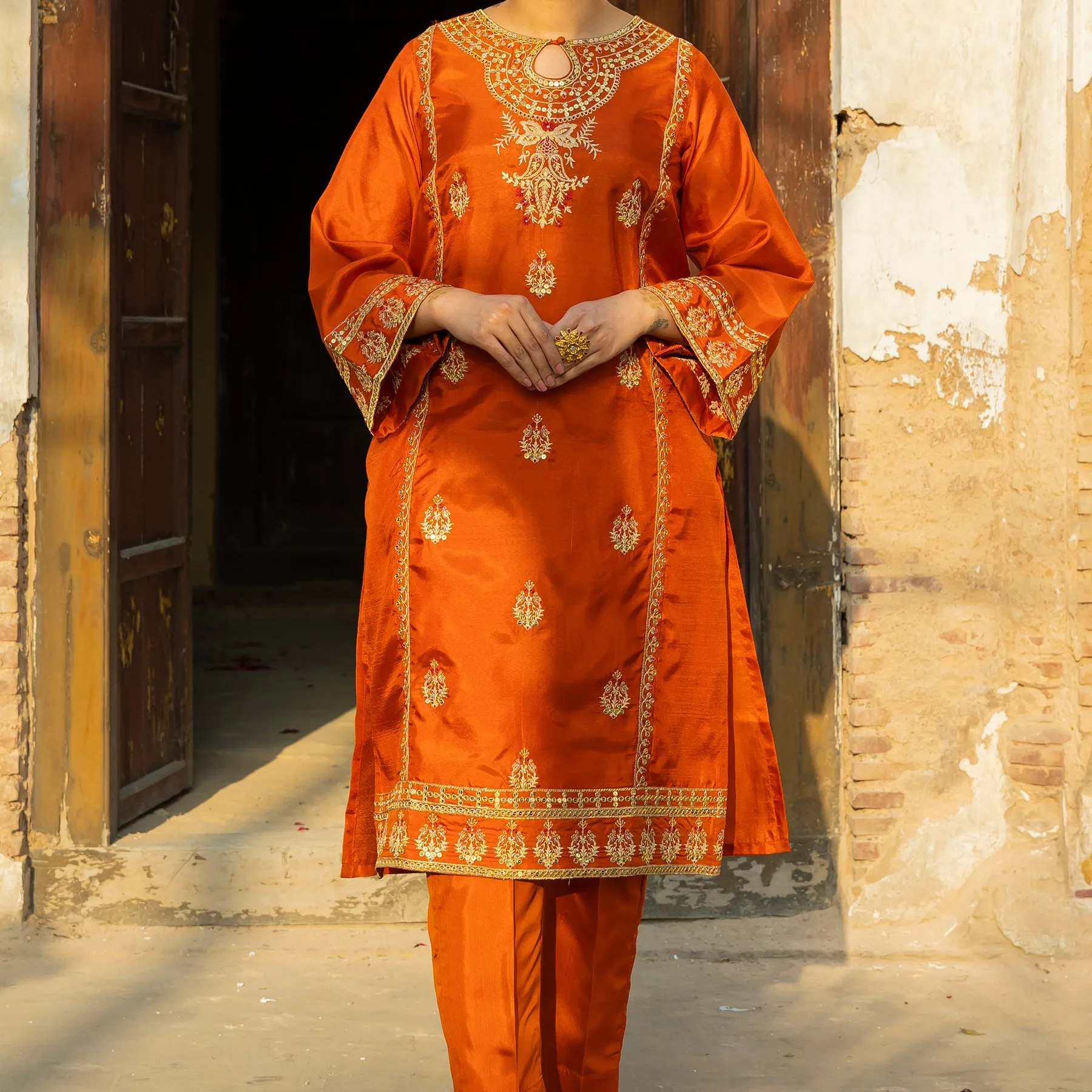 2PC- Embellished Silk Shirt & Trouser PS3396