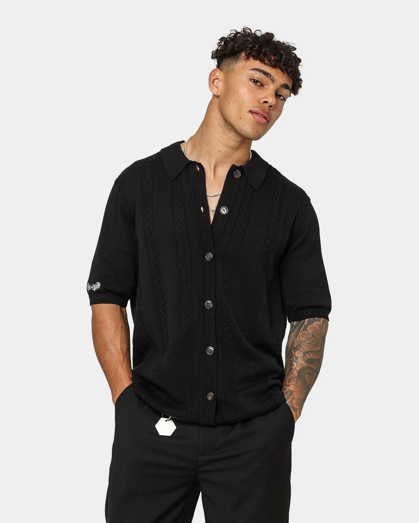 404 Cable Knit Button Up Black