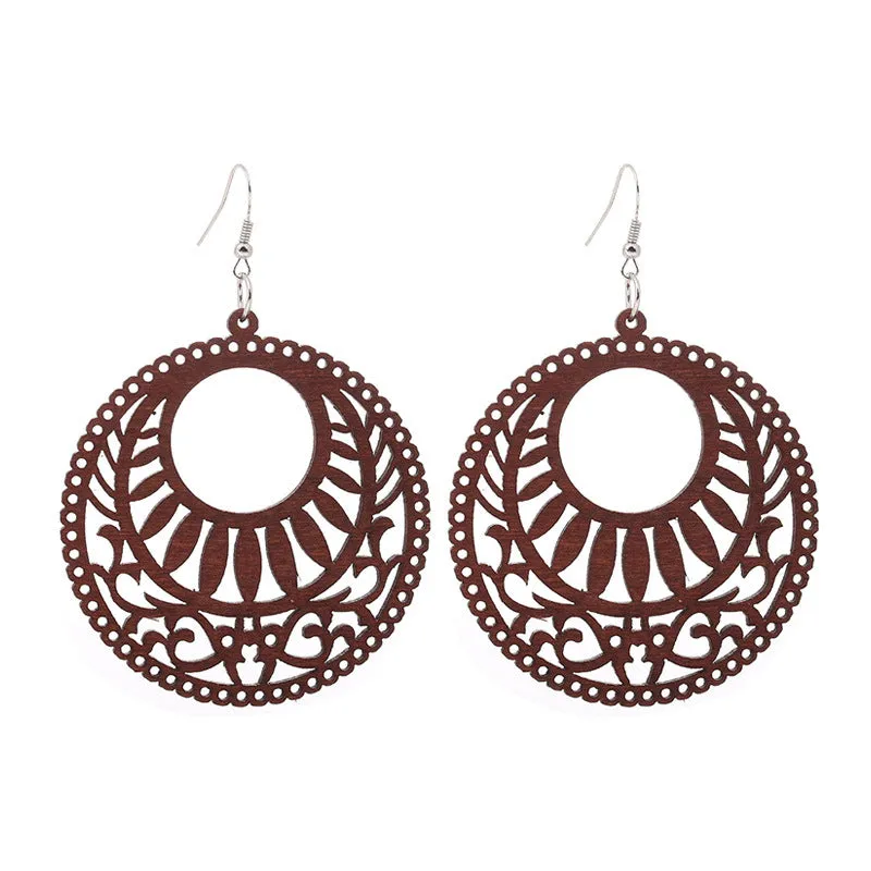 African Print Earrings | Brown round wooden earrings