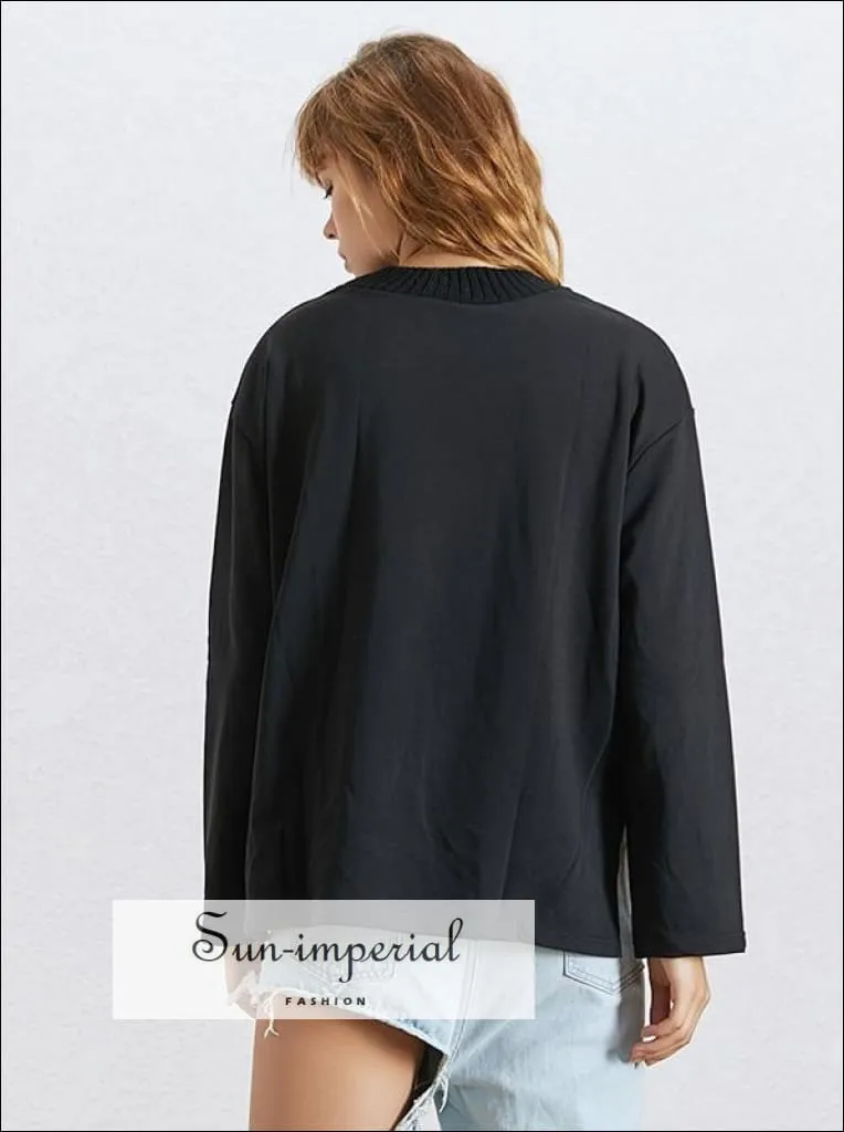 Allison Sweatshirt - Solid Black Oversize Sweatshirt for Women O Neck Long Sleeve side Split