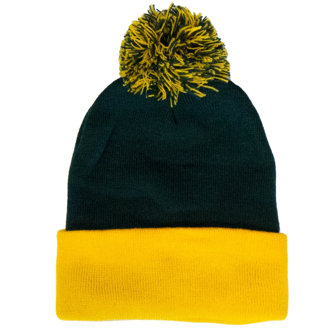 ALUMNI SCRIPT POM POM BEANIE (GREEN   GOLD)