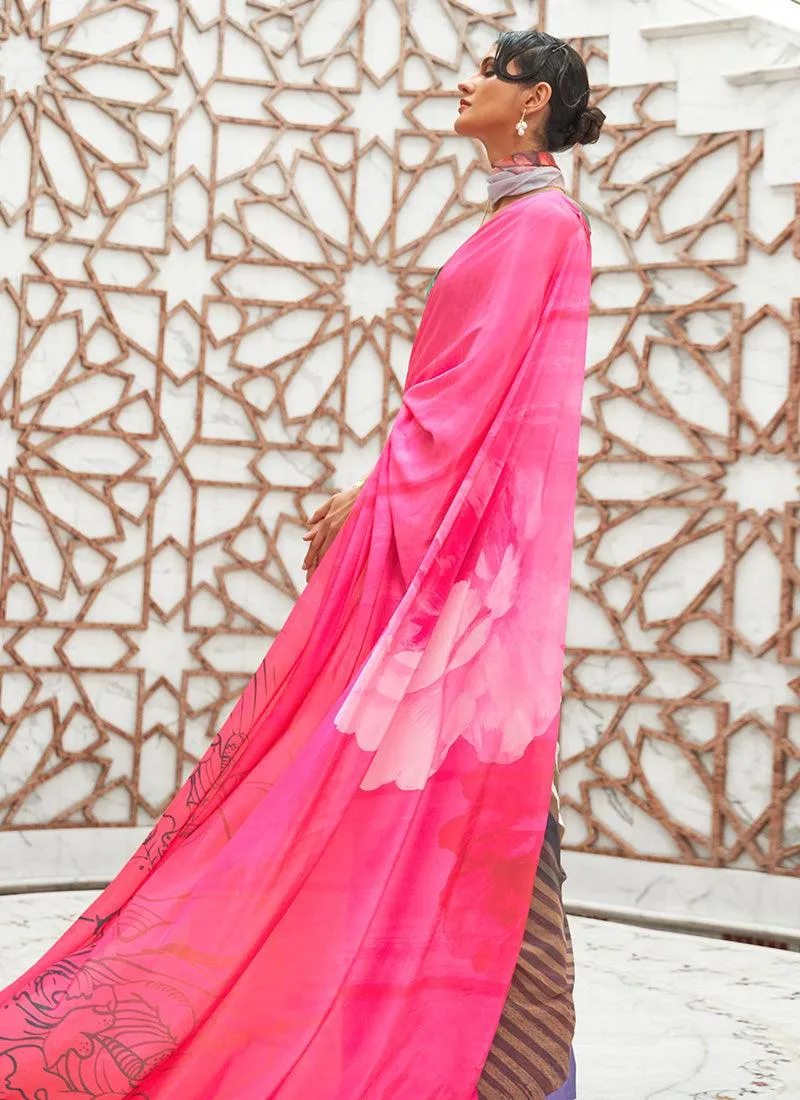 Amazing Partywear Pink Colored Silk Fabric Printed Saree