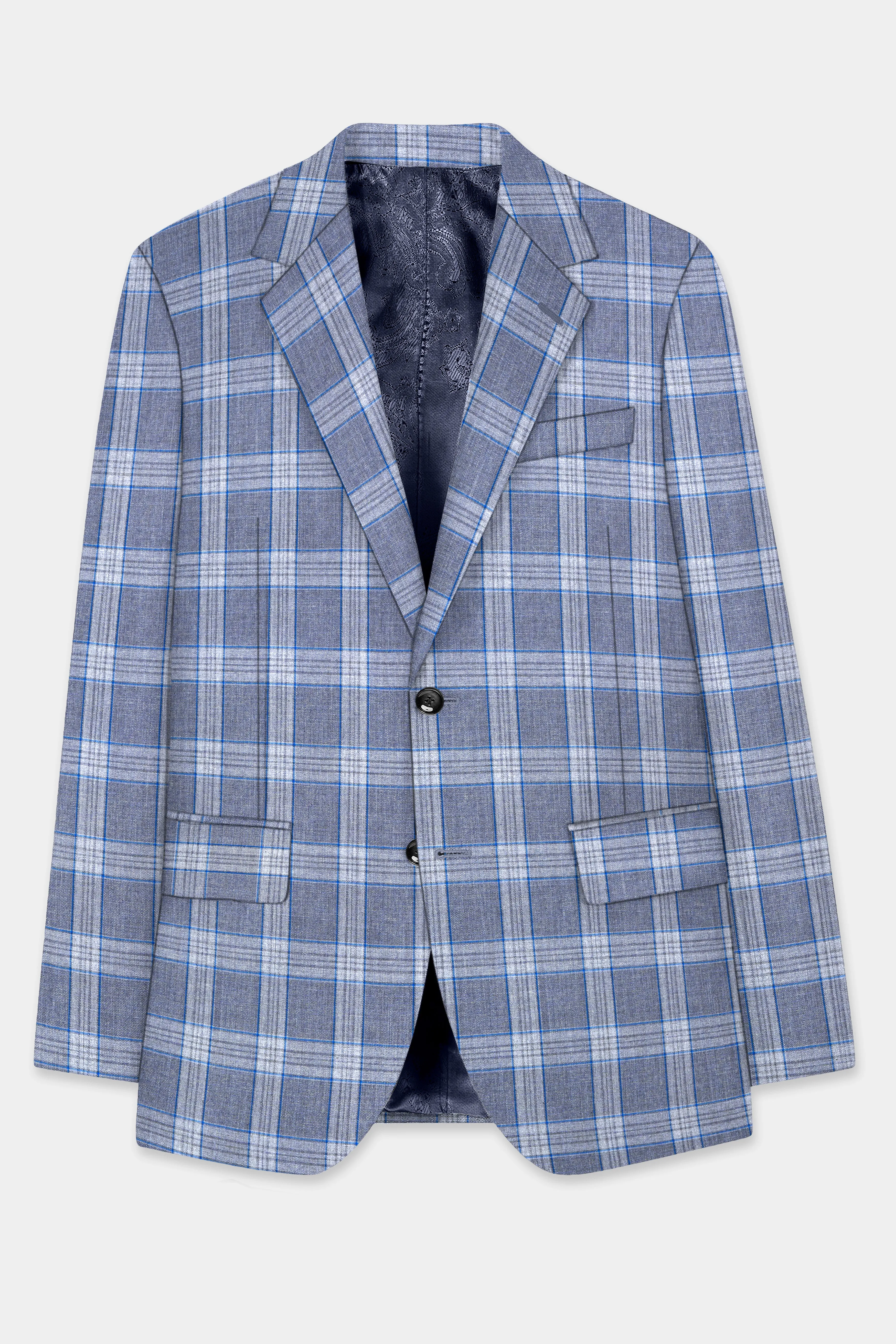 Amethyst Smoke Blue Checked Wool Blend Blazer