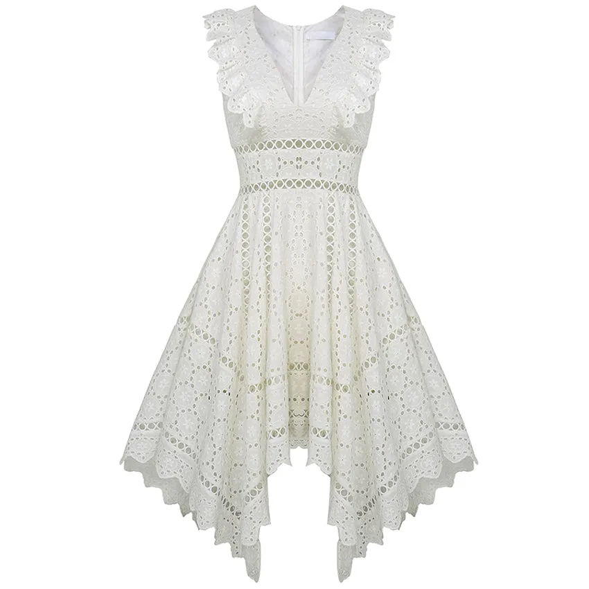 Aviva on Earth -Sleeveless V-Neck Hollow Out Lace Asymmetrical Dress