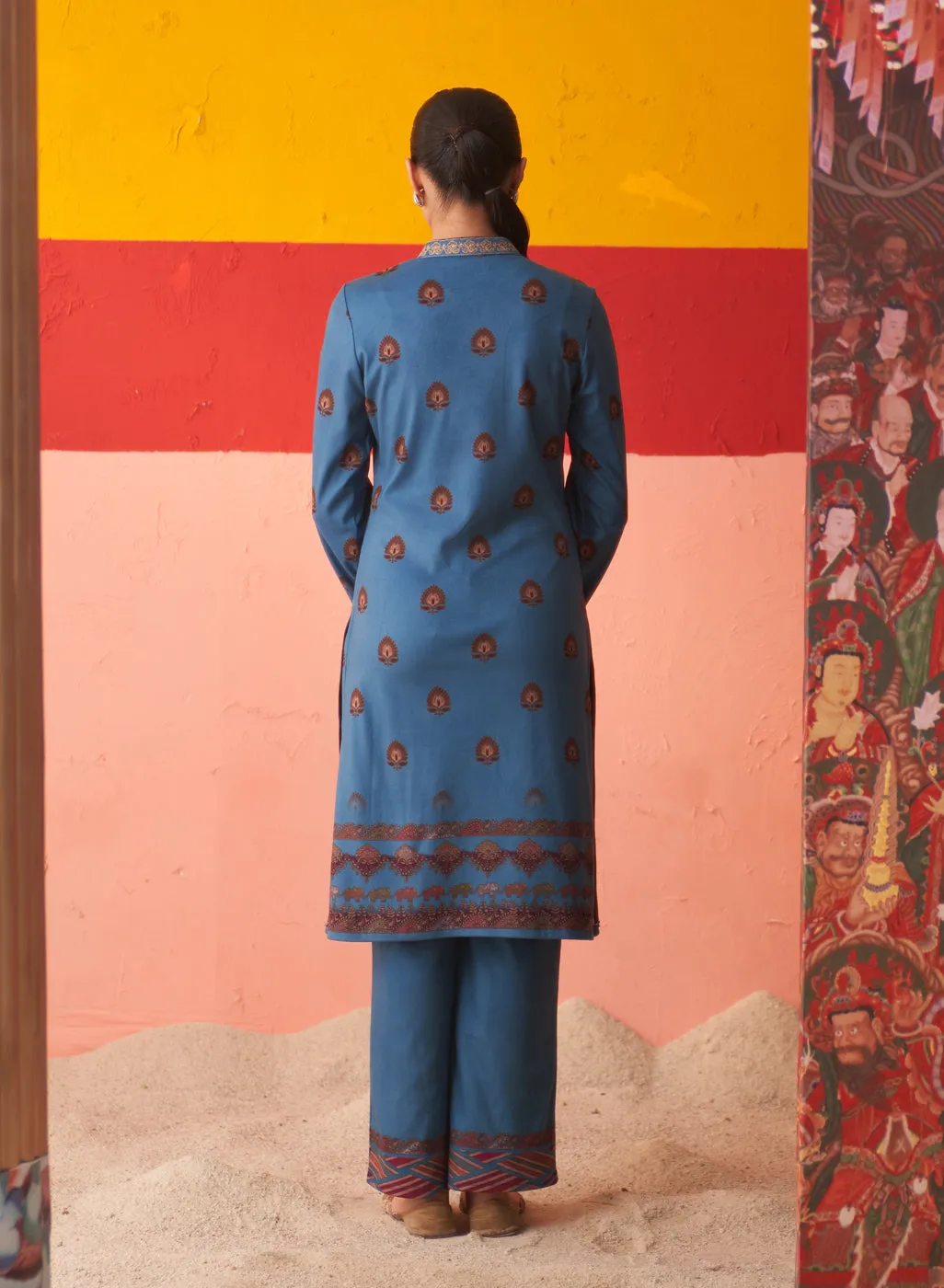 Azure Printed Woollen Kurta Set with Zari Work and Stone Work