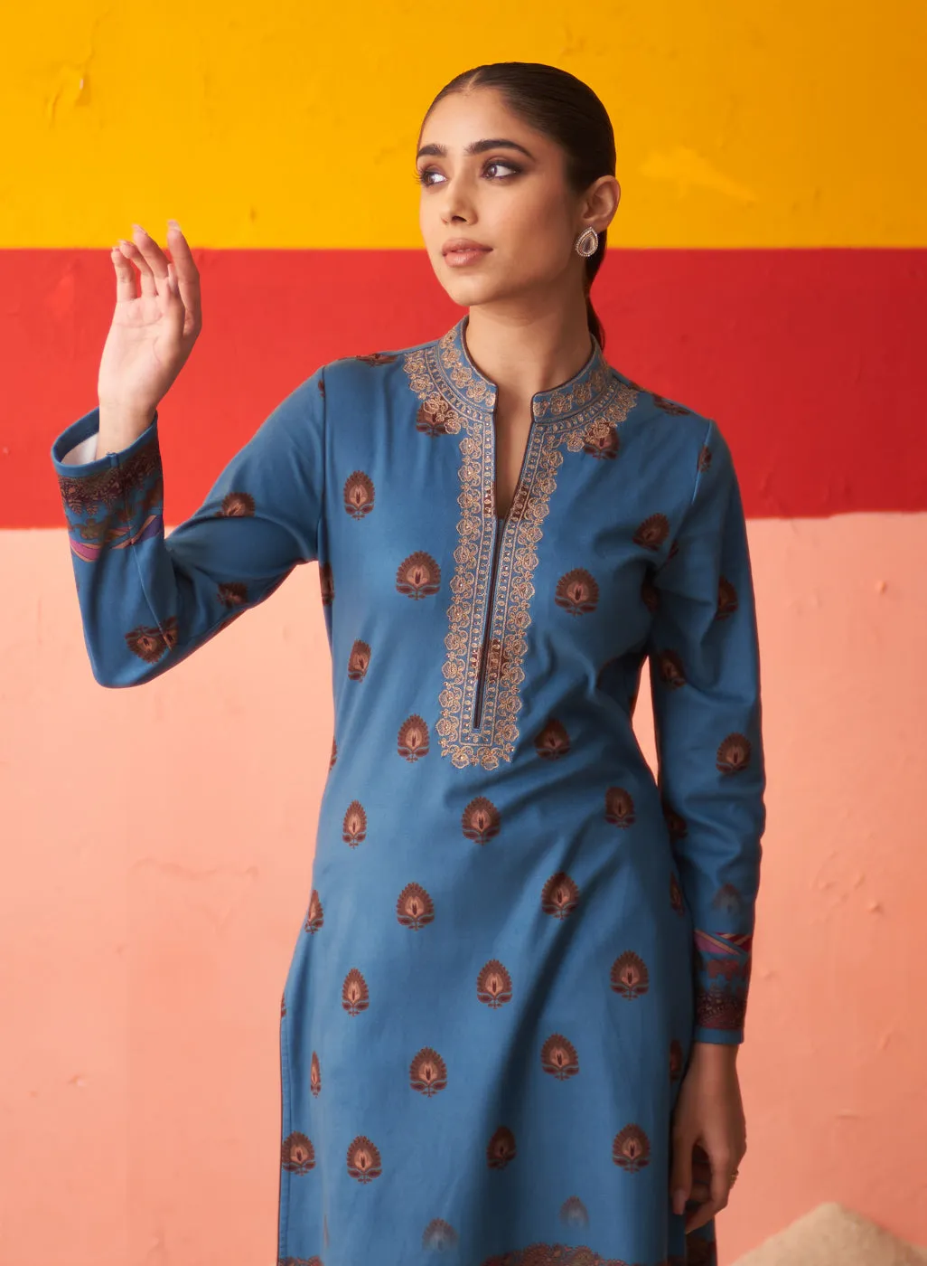 Azure Printed Woollen Kurta Set with Zari Work and Stone Work