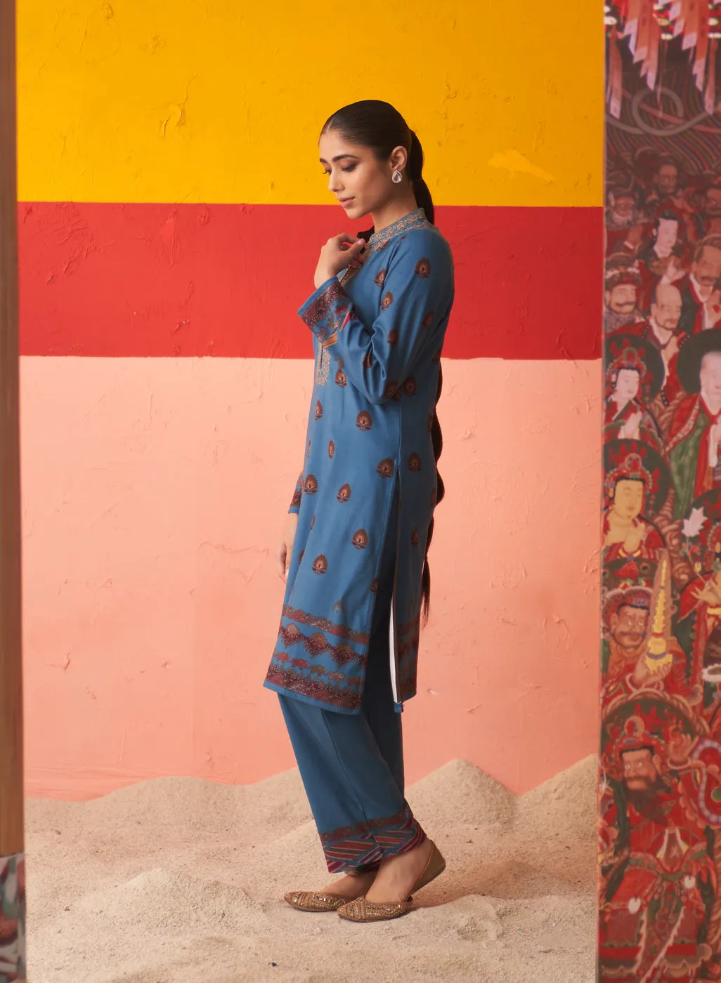 Azure Printed Woollen Kurta Set with Zari Work and Stone Work