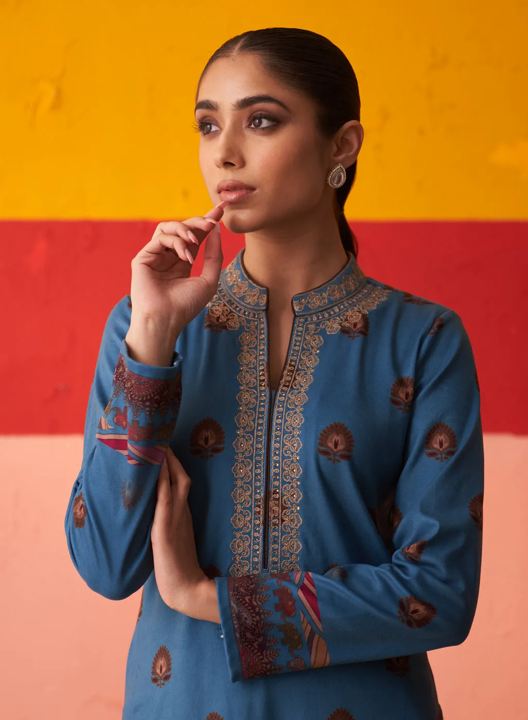 Azure Printed Woollen Kurta Set with Zari Work and Stone Work