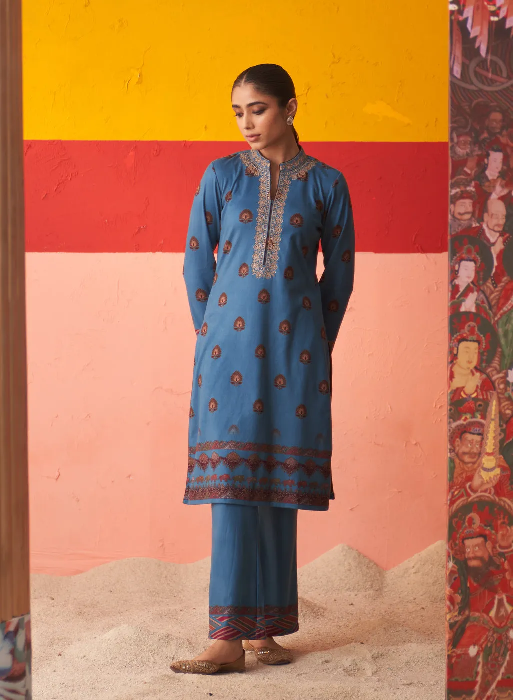 Azure Printed Woollen Kurta Set with Zari Work and Stone Work