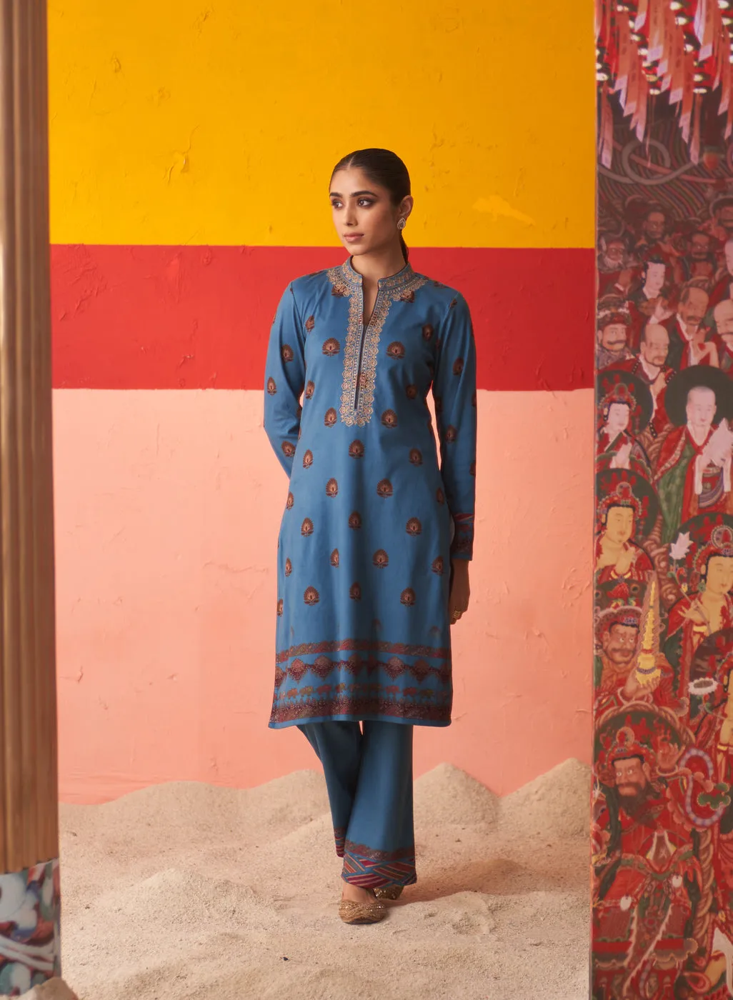 Azure Printed Woollen Kurta Set with Zari Work and Stone Work