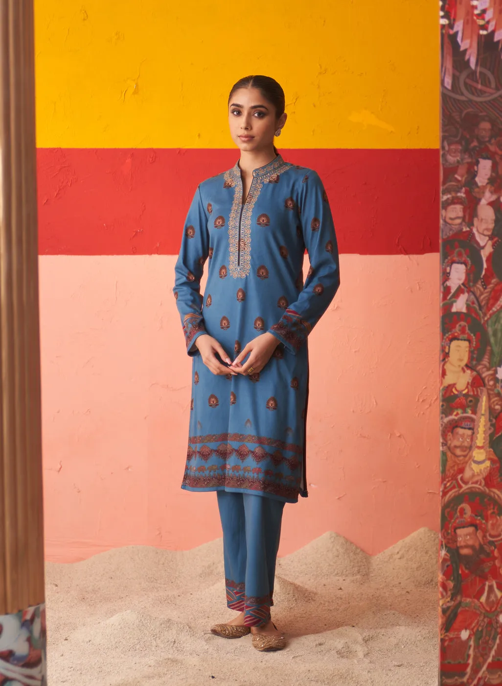 Azure Printed Woollen Kurta Set with Zari Work and Stone Work