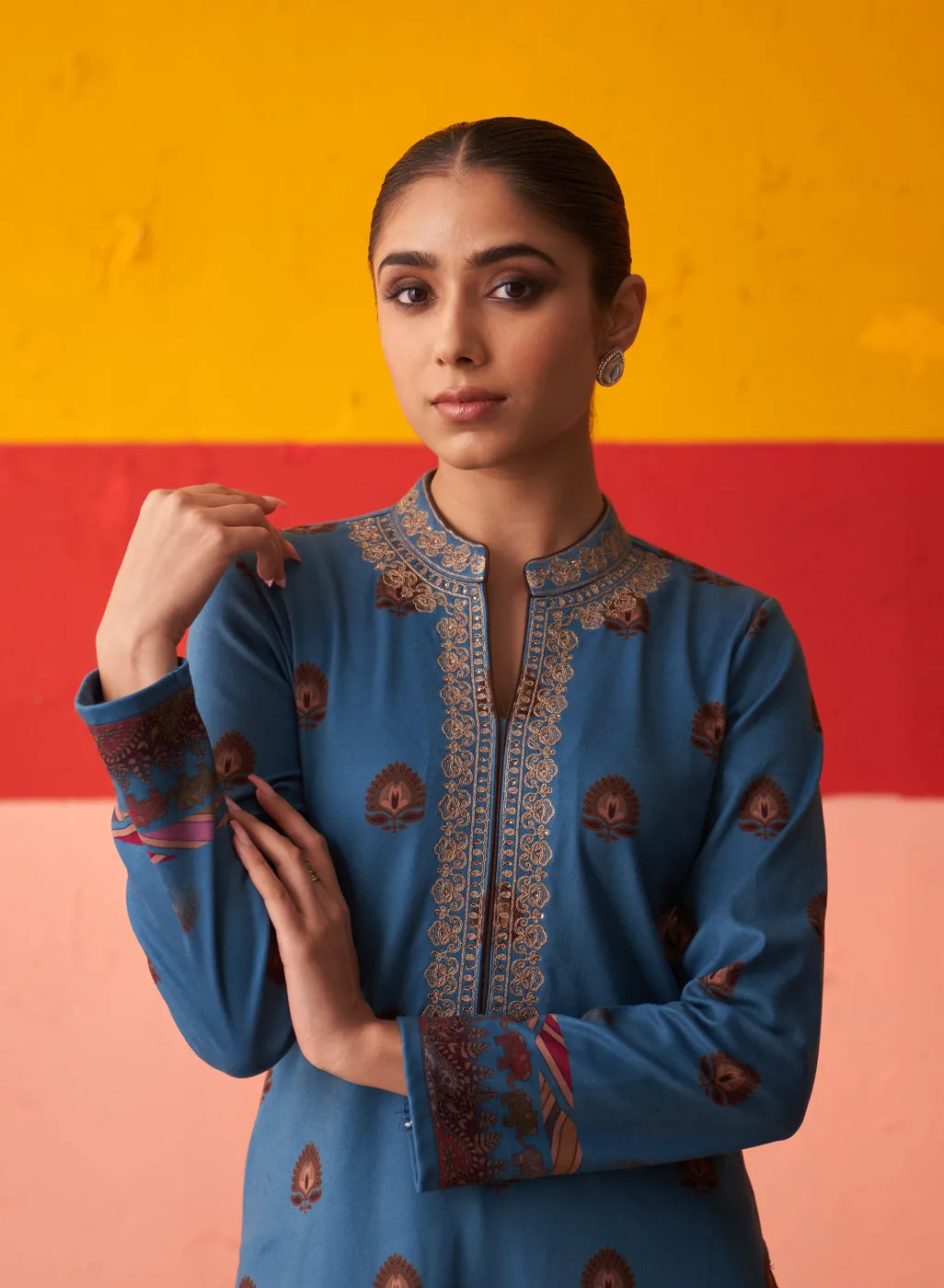 Azure Printed Woollen Kurta Set with Zari Work and Stone Work