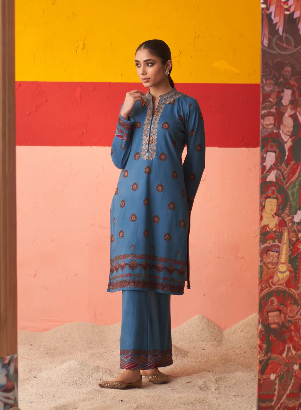 Azure Printed Woollen Kurta Set with Zari Work and Stone Work