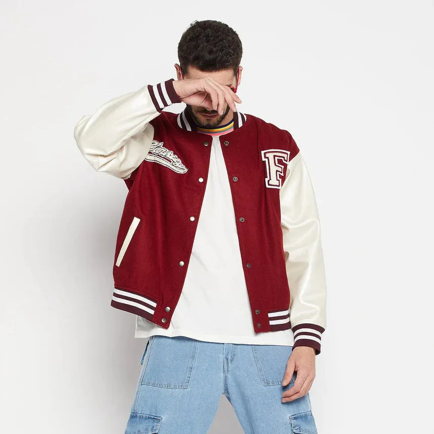 Baseball Jacket Maroon and White F Printed