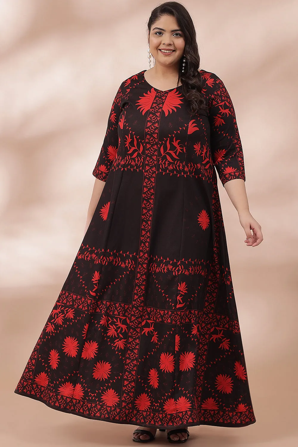 Black Red Ornate Printed Long Dress