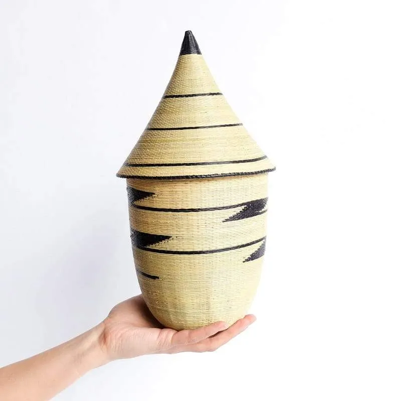 Black Zig Zag Pattern Planter Basket with Peaked Lid from Rwanda