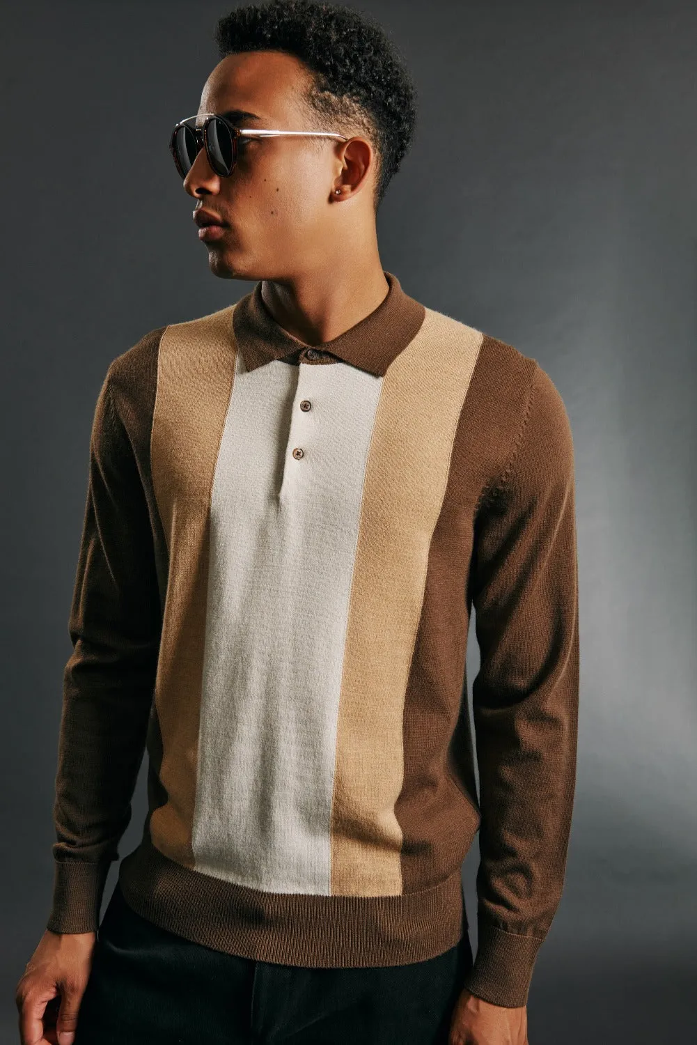 Block Stripe Merino Knit Polo - Chocolate