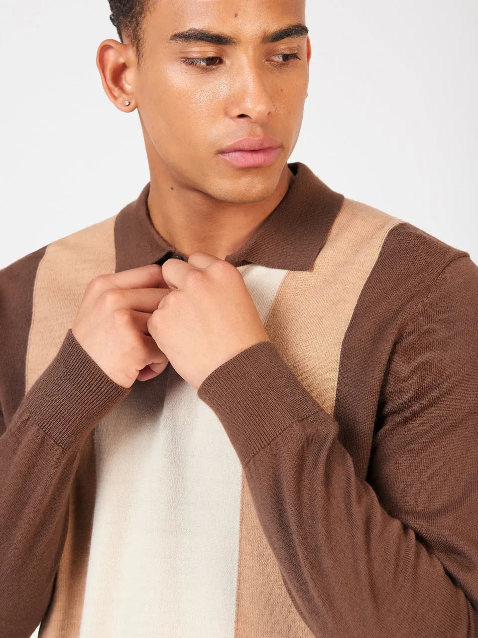 Block Stripe Merino Knit Polo - Chocolate