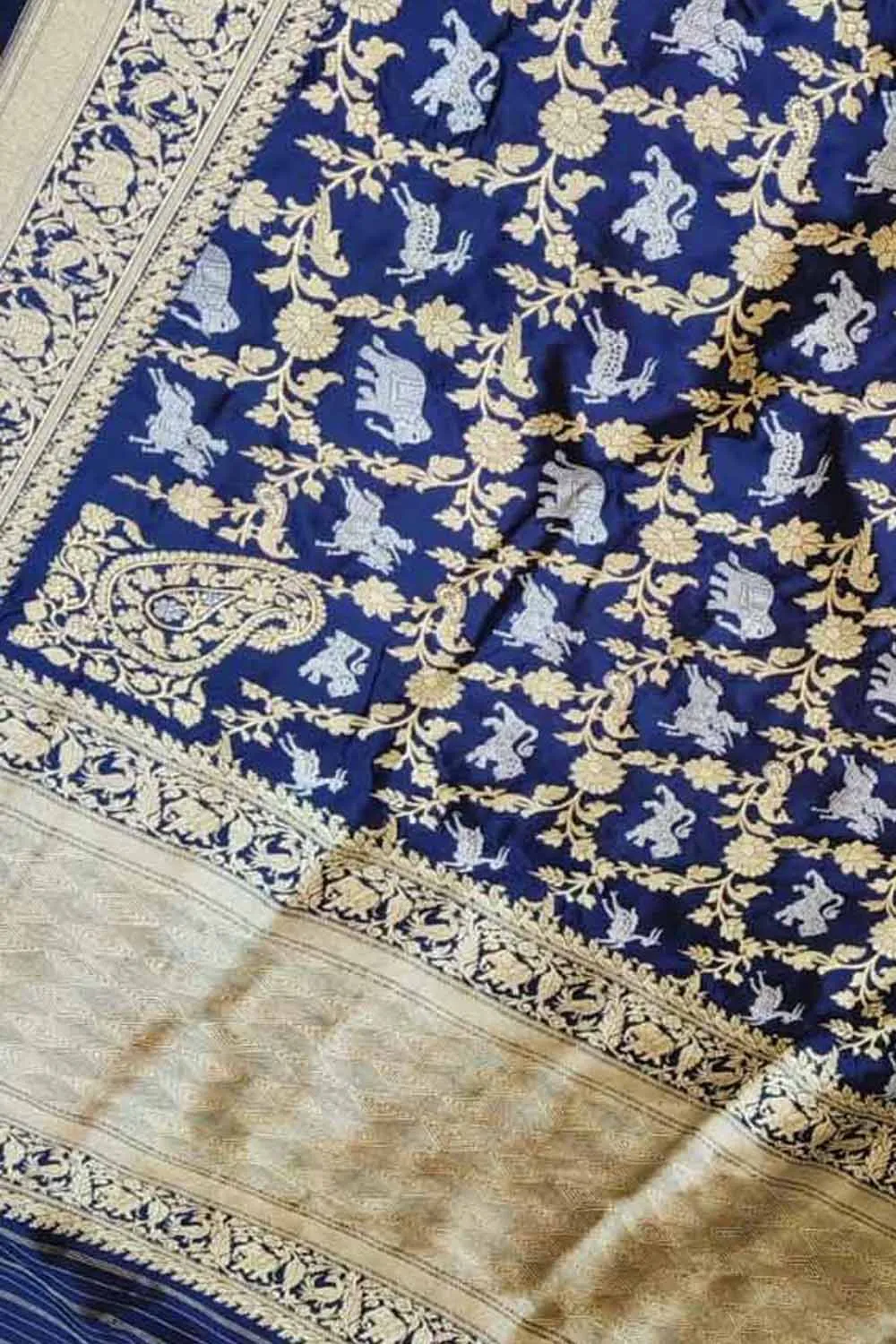 Blue Banarasi Handloom Pure Katan Silk Shikargah Design Saree