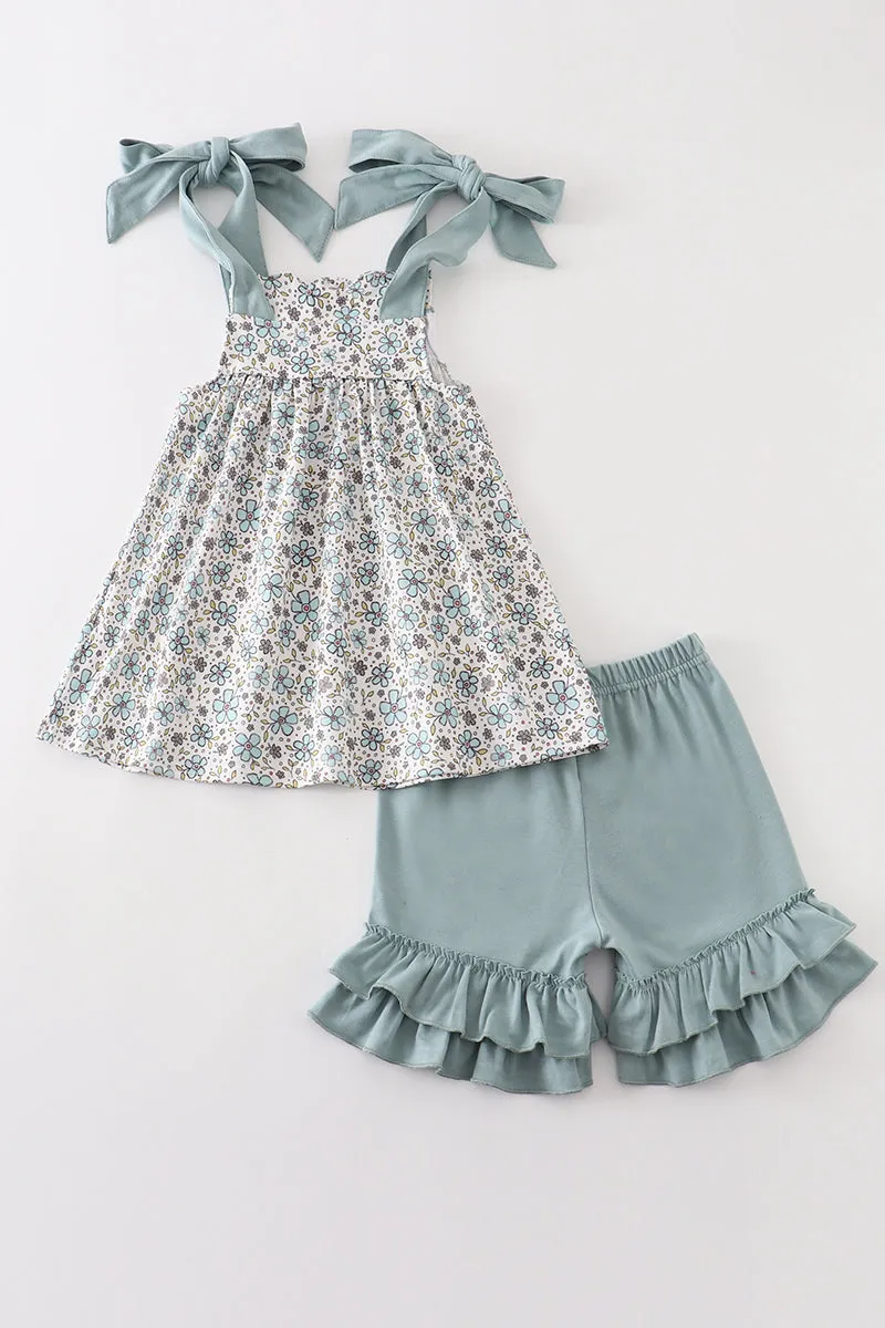 Blue floral embroidery ruffle set