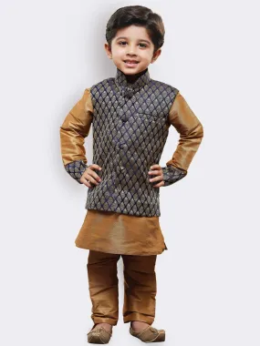 Boys' Gold Cotton Silk Kurta, Waistcoat and Pyjama Set