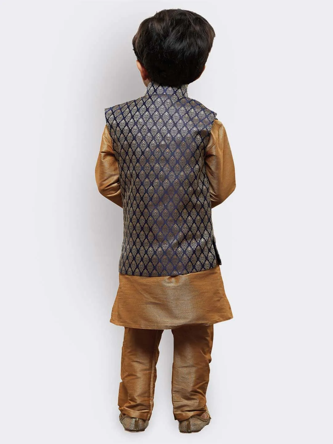 Boys' Gold Cotton Silk Kurta, Waistcoat and Pyjama Set