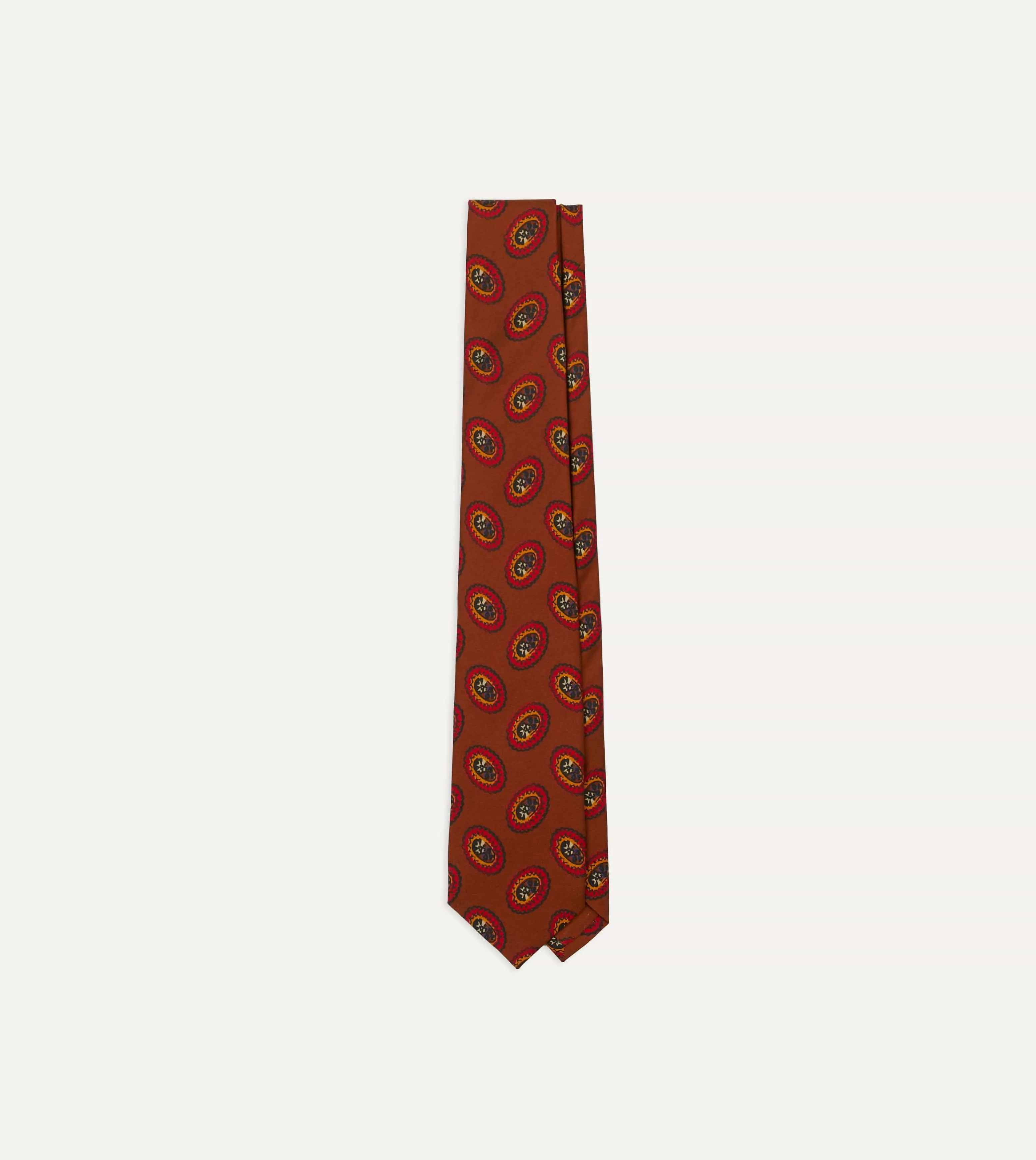 Brown Oval Medallion Print Silk Self Tipped Tie